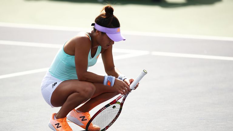 Heather Watson of Great Britain shows her frustration during her first round qualifying match against Sara Errani of Italy on Day 1 of the BNP Paribas Open at the Indian Wells Tennis Garden on March 04, 2019 in Indian Wells, California