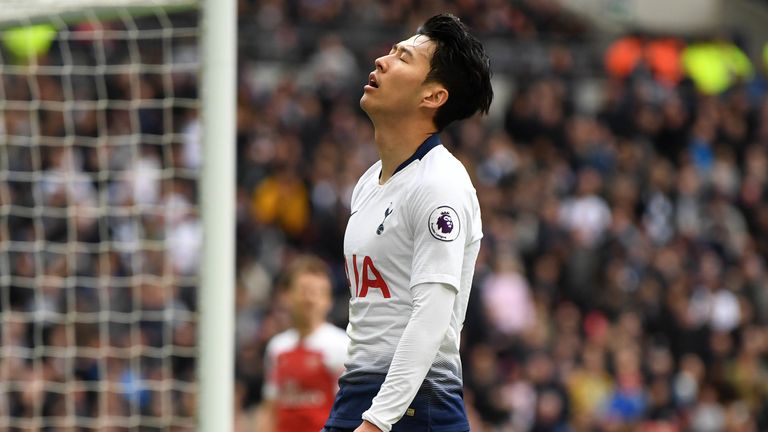 Heung-Min Son of Tottenham Hotspur reacts to a missed chance against Arsenal
