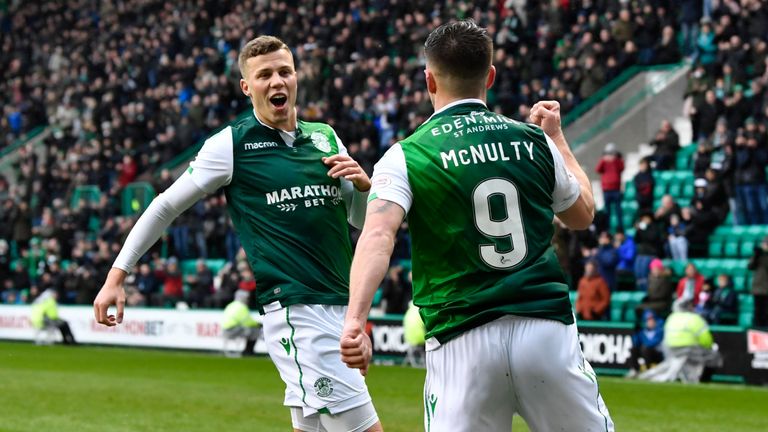 Hibernian's Marc McNulty celebrates with Florian Kamberi (left) after he makes it 1-0 from the spot after Motherwell