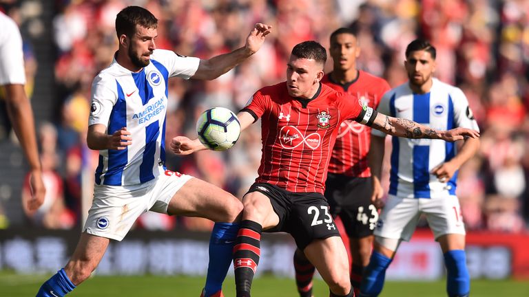 Pierre Emile Hojbjerg controls the ball during Southampton's match with Brighton.