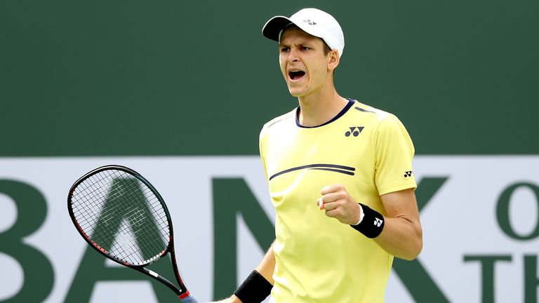 Hubert Hurkacz of Poland celebrates while playing Kei Nishikori of Japan during the BNP Paribas Open at the Indian Wells Tennis Garden on March 12, 2019 in Indian Wells, California