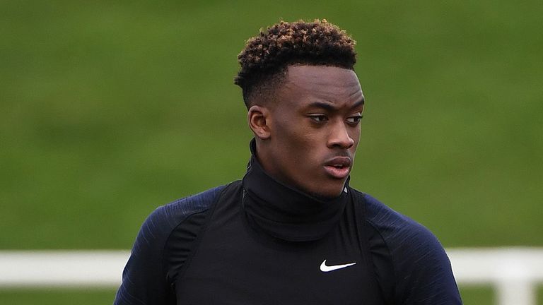 England&#39;s midfielder Callum Hudson-Odoi (L) and England&#39;s striker Callum Wilson attend a England team training session at St George&#39;s Park in Burton-on-Trent, central England on March 19, 2019, ahead of their UEFA EURO 2020 qualifying football matches against the Czech Republic and Montenegro.