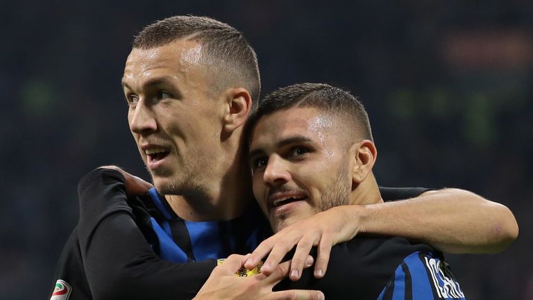 Ivan Perisic and Mauro Icardi during the Serie A match between FC Internazionale and UC Sampdoria at Stadio Giuseppe Meazza on October 24, 2017 in Milan, Italy.