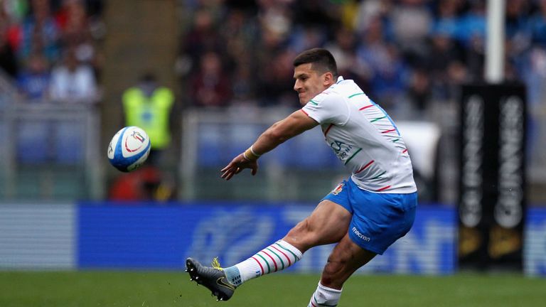Tommaso Allan striking a penalty for Italy against France in the Six Nations Championship