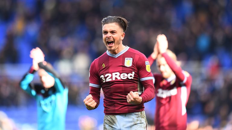 Jack Grealish celebrates at full-time during the Sky Bet Championship match between Birmingham City v Aston Villa