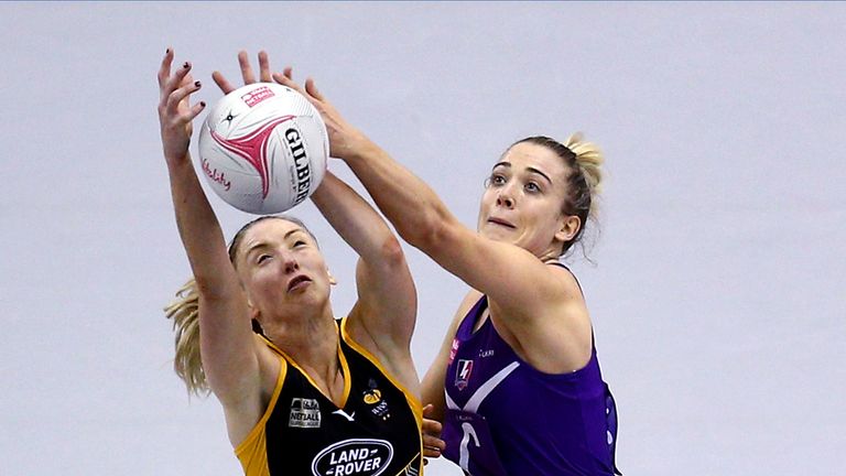 Jade Clarke of Wasps battles for the ball with Loughborough&#39;s Natalie Panagarry