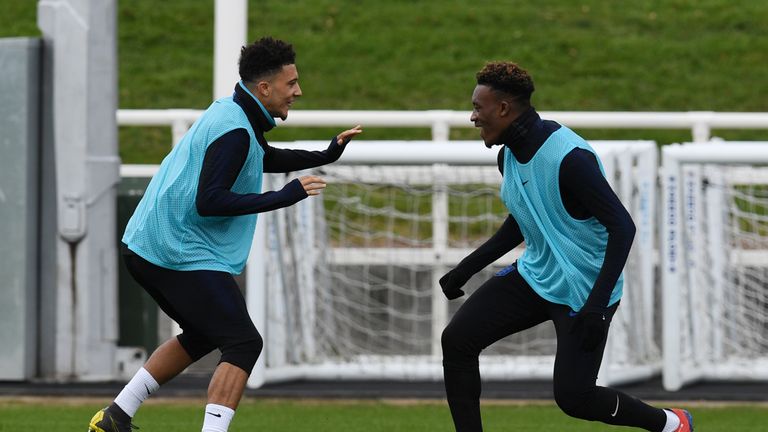 England's midfielder Jadon Sancho (L) and England's midfielder Callum Hudson-Odoi attend an England team training session at St George's Park in Burton-on-Trent, central England on March 21, 2019, ahead of their UEFA EURO 2020 qualifying football matches against the Czech Republic and Montenegro. 