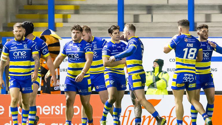 07/03/2019 - Rugby League - Betfred Super League - Warrington Wolves v Castleford Tigers - Halliwell Jones Stadium, Warrington, England - Warrington's celebrate Jake Mamo's try against Castleford.
