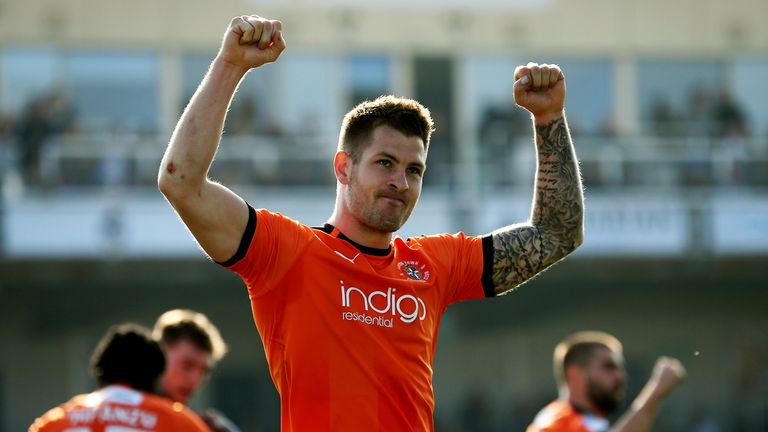 James Collins of Luton Town celebrates scoring his sides first goal during the Sky Bet League One match against Bristol Rovers