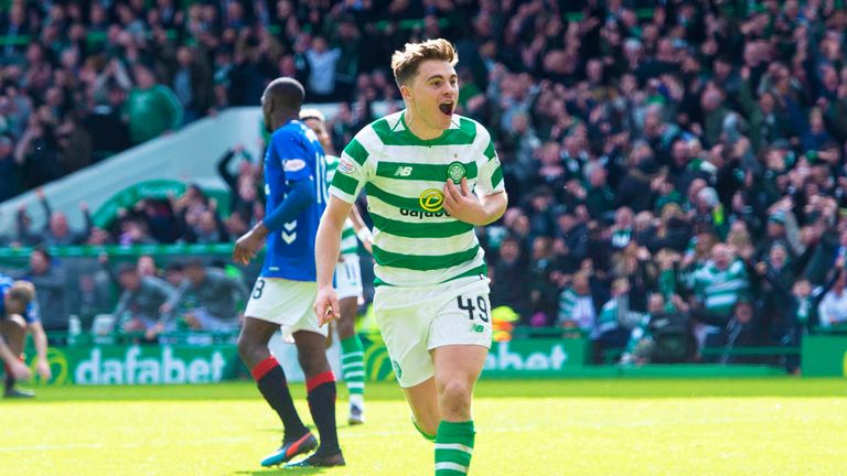 James Forrest celebrates scoring the winner for Celtic against Rangers