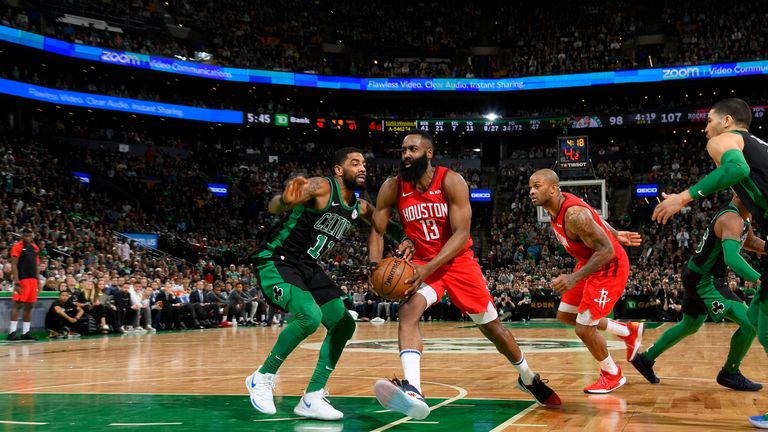 James Harden #13 of the Houston Rockets drives to the basket against the Boston Celtics on March 3, 2019 at the TD Garden in Boston, Massachusetts