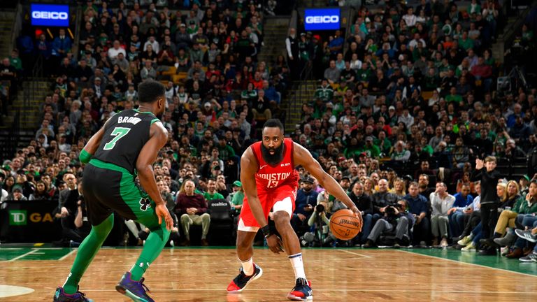 James Harden #13 of the Houston Rockets handles the ball against the Boston Celtics on March 3, 2019 at the TD Garden in Boston, Massachusetts. 