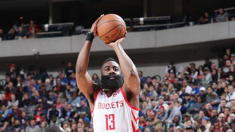 James Harden #13 of the Houston Rockets shoots the ball against the Dallas Mavericks on March 10, 2019 at the American Airlines Center in Dallas, Texas.