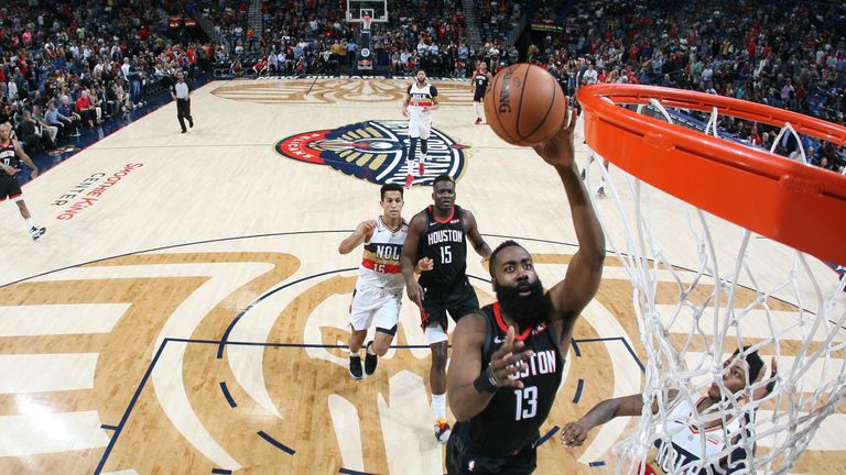 James Harden #13 of the Houston Rockets shoots the ball against the New Orleans Pelicans on March 24, 2019 at the Smoothie King Center in New Orleans, Louisiana