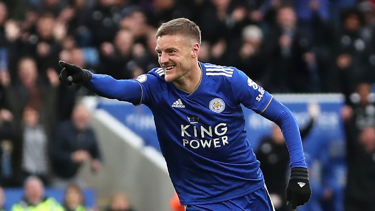 Leicester City striker Jamie Vardy celebrates after scoring their second goal