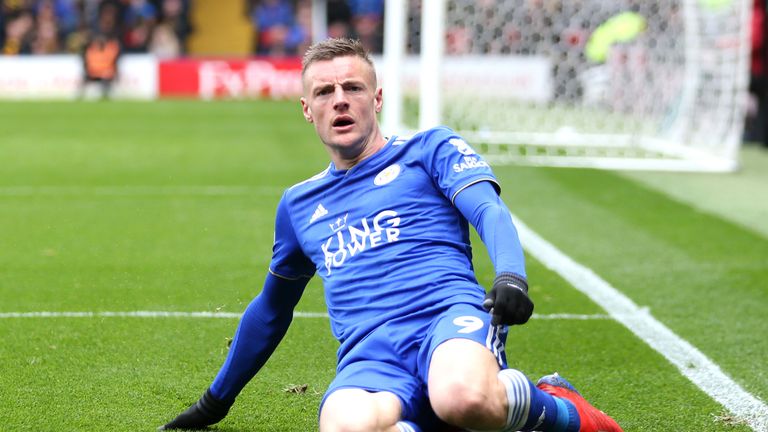 Jamie Vardy celebrates scoring for Leicester against Watford