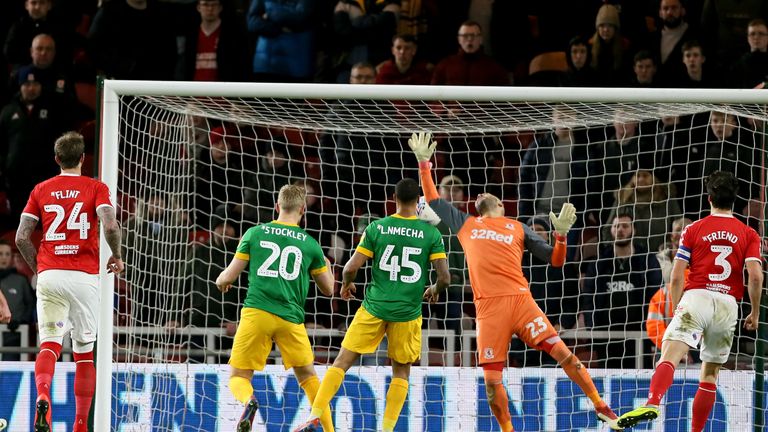 Preston North End's Jayden Stockley scores his side's second goal of the game                       