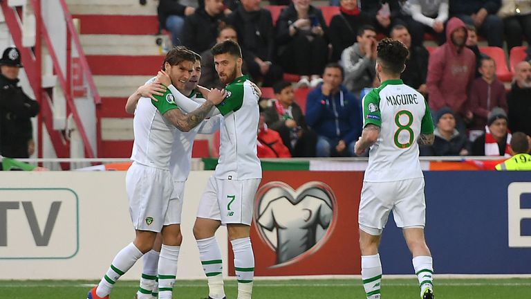 Republic of Ireland's Jeff Hendrick (left) celebrates scoring his side's first goal of the game with team-mates during the UEFA Euro 2020 Qualifying, Group D match at the Victoria Stadium, Gibraltar.