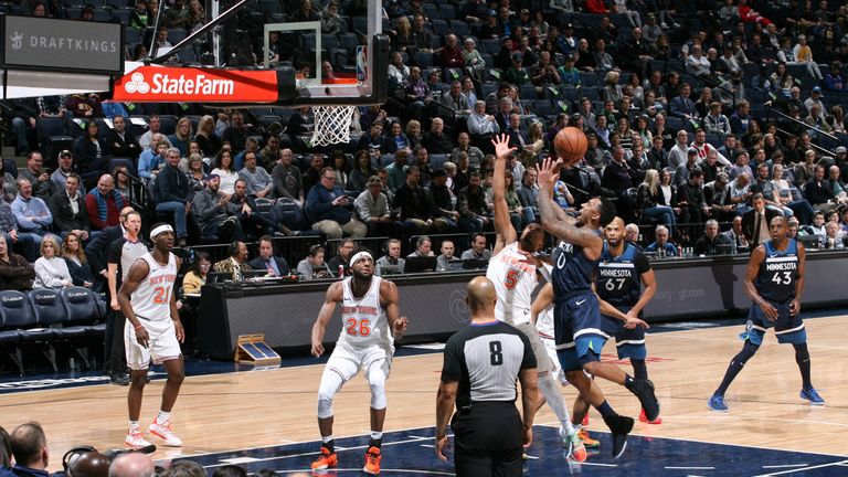 Jeff Teague of the Minnesota Timberwolves goes to the basket against the New York Knicks
