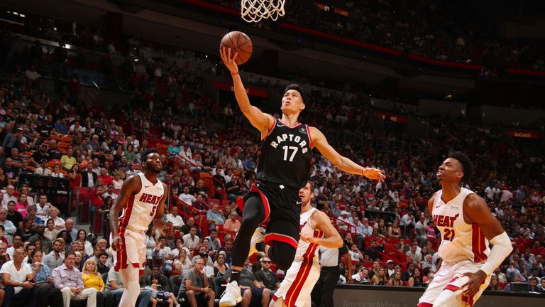 Jeremy Lin of the Toronto Raptors drives to the basket during the game against the Miami Heat