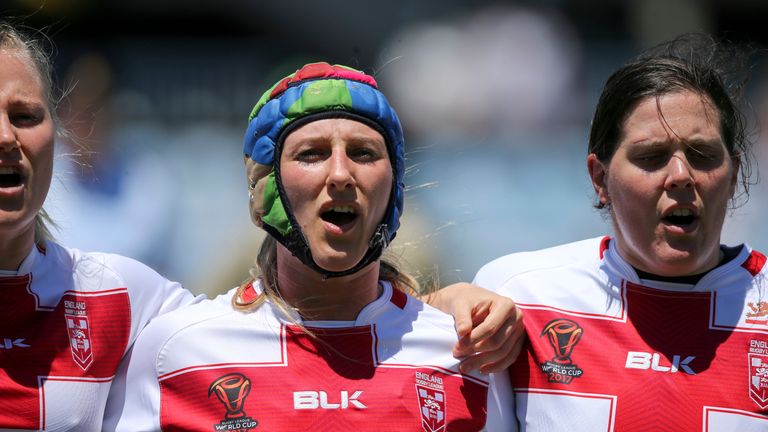 Jodie Cunningham during the anthem. Kiwi Ferns v England, Women’s Rugby League World Cup Semi Final at Southern Cross Group Stadium, Sydney, Australia on 26 November 2017