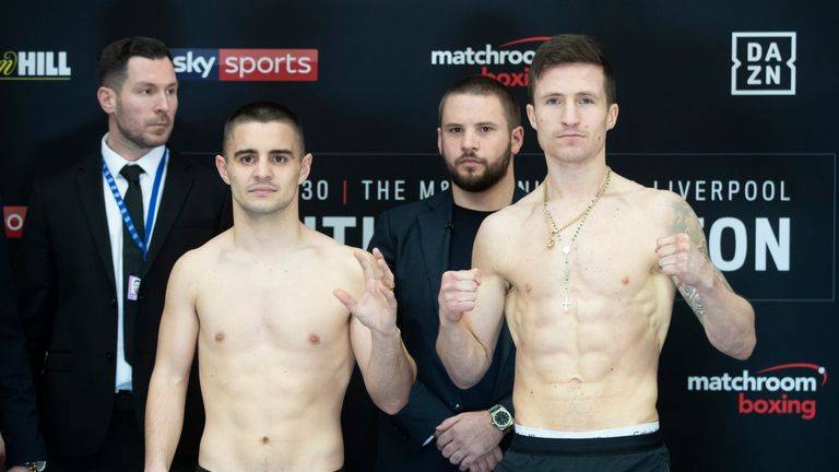 Joe Hughes and Robbie Davies Jr Weigh In ahead of their Super-Lightweight European and British title fight on saturday night the M&S Bank Arena, Liverpool.
