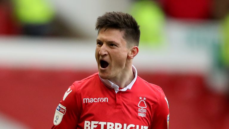 Joe Lolley celebrates scoring during Nottingham Forest's match vs Wigan on January 26, 2019