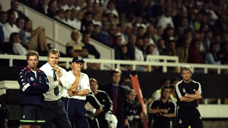 Joe Royle on the touchline with Manchester City at Fulham in 1998, with Fulham boss Kevin Keegan also looking on