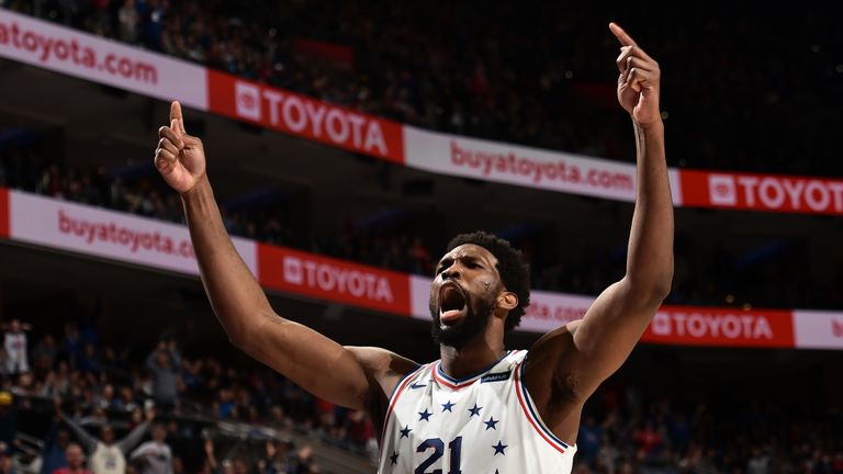 Joel Embiid #21 of the Philadelphia 76ers reacts against the Indiana Pacers on March 10, 2019 at the Wells Fargo Center in Philadelphia, Pennsylvania