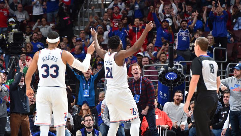 Joel Embiid of the Philadelphia 76ers reacts against the Indiana Pacers