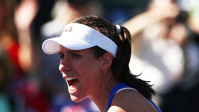 Johanna Konta of Great Britain celebrates match point against Su-Wei Hsieh of Chinese Taipei during their women's singles second round match on day five of the BNP Paribas Open at the Indian Wells Tennis Garden on March 08, 2019 in Indian Wells, California.