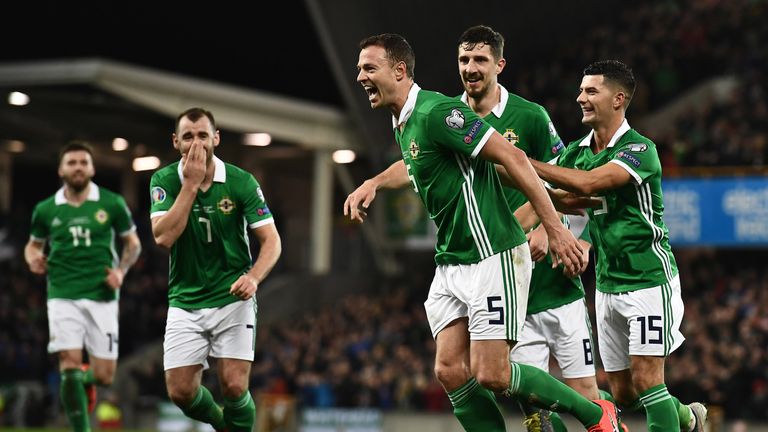 Jonny Evans of Northern Ireland celebrates after scoring during the 2020 UEFA European Championships group C qualifying match between Northern Ireland and Belarus at Windsor Park on March 24, 2019 in Belfast, United Kingdom
