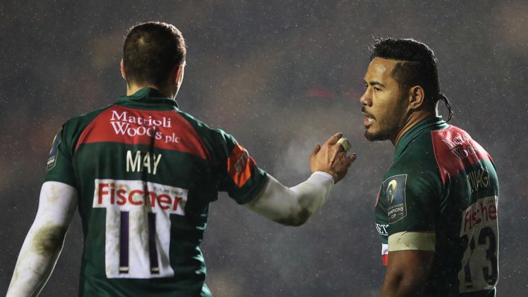 Jonny May and Manu Tuilagi (r) during the European Rugby Champions Cup match between Leicester Tigers and Munster Rugby at Welford Road on December 17, 2017 in Leicester, England.