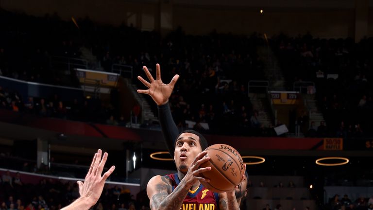 Jordan Clarkson #8 of the Cleveland Cavaliers goes to the basket against the Orlando Magic on March 3, 2019 at Quicken Loans Arena in Cleveland, Ohio.