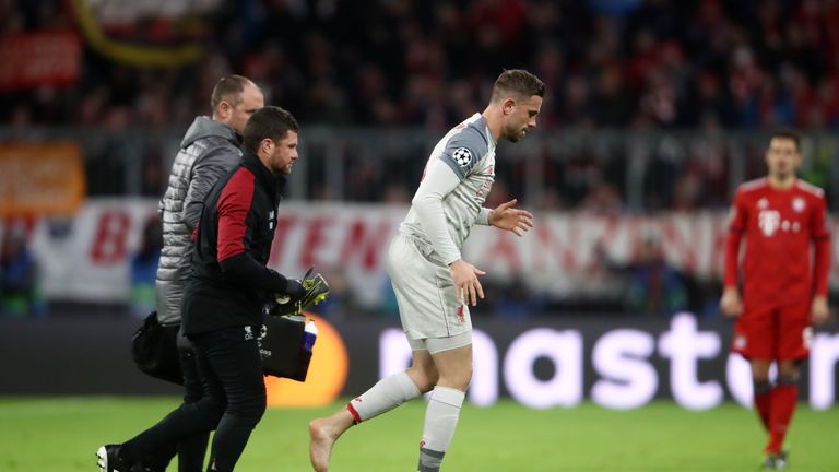 Jordan Henderson was forced off in the first half against Bayern Munich