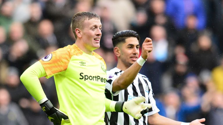 Ayoze Perez gestures for Jordan Pickford to receive a card for bringing down Salomon Rondon