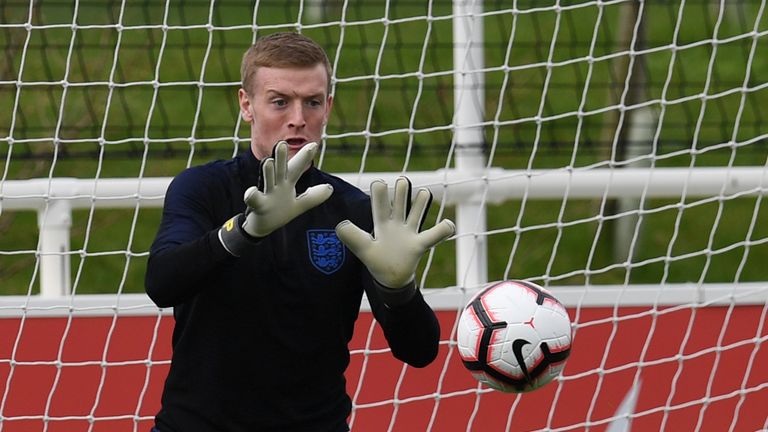 England's goalkeeper Jordan Pickford attends an England team training session at St George's Park in Burton-on-Trent, central England on March 21, 2019, ahead of their UEFA EURO 2020 qualifying football matches against the Czech Republic and Montenegro. 
