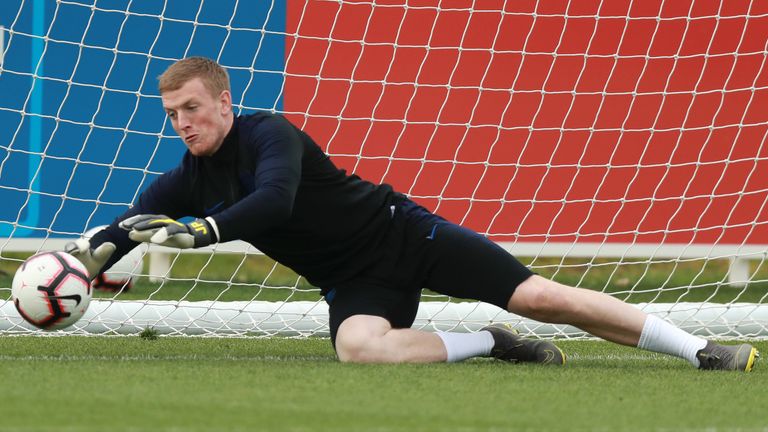 Jordan Pickford of England in action during an England training session at St Georges Park on March 21, 2019 in Burton-upon-Trent, England.