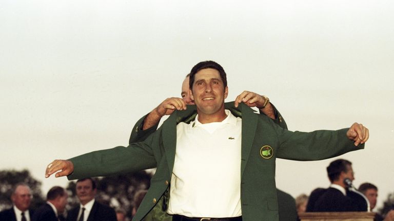 Jose Maria Olazabal dons his second green jacket after winning the 1999 Masters