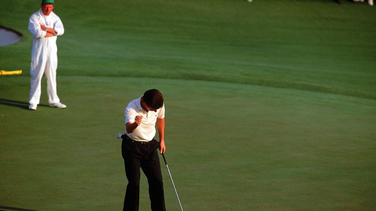 Jose Maria Olazabal celebrates after holing his final putt in the 1994 Masters