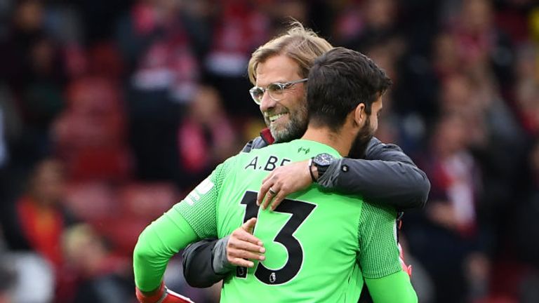 Jurgen Klopp hugs Liverpool goalkeeper Alisson Becker after the Premier League game between Liverpool and Southampton at Anfield.