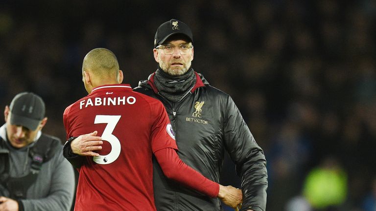 Liverpool manager Jurgen Klopp with Fabinho after 0-0 draw at Everton in the Premier League