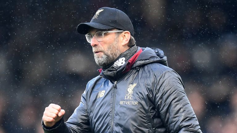 Jurgen Klopp, Manager of Liverpool celebrates at the full time whistle after the Premier League match between Fulham FC and Liverpool FC at Craven Cottage on March 17, 2019 in London, United Kingdom. 