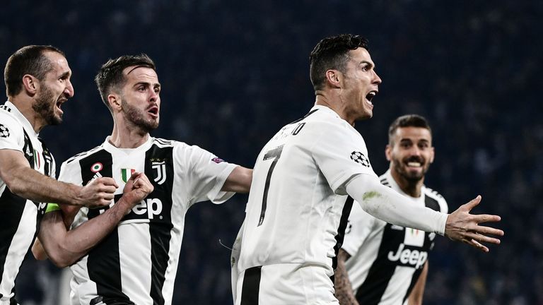 Cristiano Ronaldo celebrates a goal for Juventus against Atletico Madrid