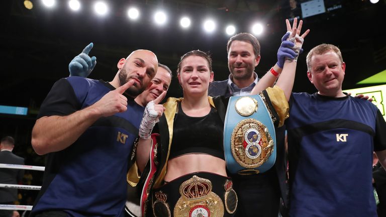 Katie Taylor celebrates after defeating Rose Volante in a lightweight unification clash