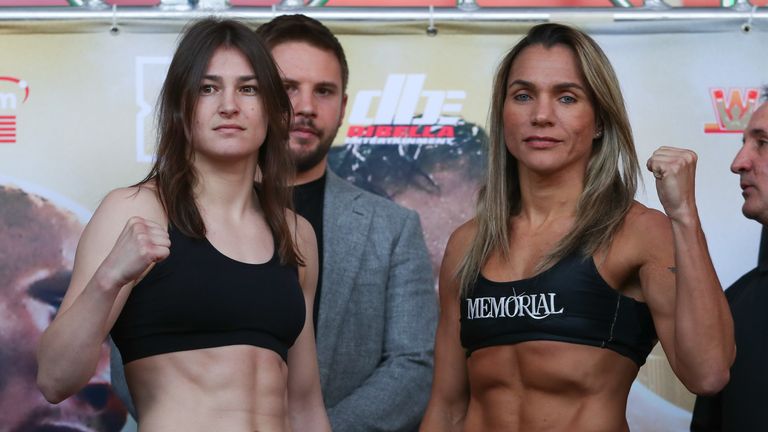 March 14, 2019; Philadelphia, PA, USA; steps on the scale for the Matchroom Boxing USA card that will take place on Friday, March 15 at the Liacouras Center in Philadelphia.  Mandatory Credit: Ed Mulholland/Matchroom Boxing USA