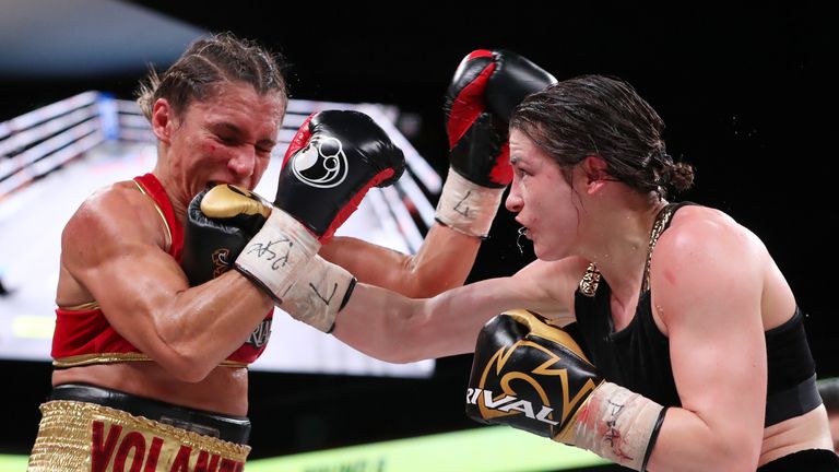March 15, 2019; Philadelphia, PA, USA; WBA/IBF lightweight champion Katie Taylor and WBO lightweight champion Rose Volante  during their bout at the Liacouras Center in Philadelphia, PA.  Mandatory Credit: Ed Mulholland/Matchroom Boxing USA