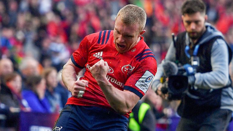 30 March 2019; Keith Earls of Munster celebrates after scoring his and his side's second try during the Heineken Champions Cup Quarter-Final match between Edinburgh and Munster at BT Murrayfield Stadium in Edinburgh, Scotland. Photo by Brendan Moran/Sportsfile