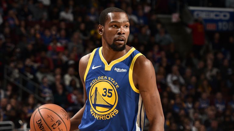 Kevin Durant #35 of the Golden State Warriors handles the ball against the Philadelphia 76ers on March 2, 2019 at the Wells Fargo Center in Philadelphia, Pennsylvania.