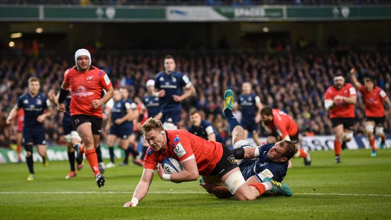 Kieran Treadwell of Ulster goes over to score his side's first try 